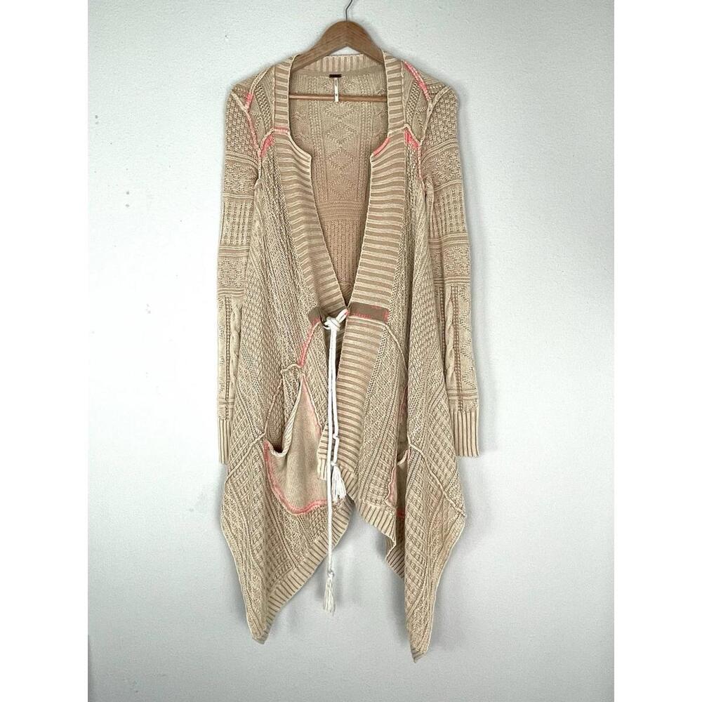 Free People Cream Knit Drape Cardigan with Pink Accent